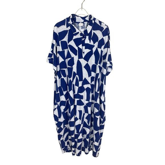 Poetry Linen Cotton Geometric Shift Dress Art To Wear Lagenlook Blue White US 16 - Picture 9 of 15
